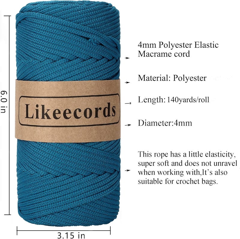 Likeecords 3 Skeins of 4mm Polyester Braided Macrame Cord 140Yard /426Feet,Elastic Yarn for Crocheting Bag Cord for DIY Crafts,Plant Hangers, Bag, and Home Decorations (Peacock Blue) - Image 2